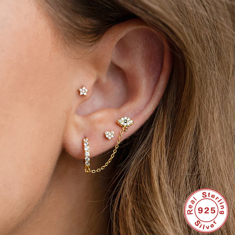 S925 Sterling Silver Single Row Diamond-Studded Hoop Earrings Demon Eye Tassel Stud Earrings European and American Hot-Selling Classic Ear Line Ear Jewelry