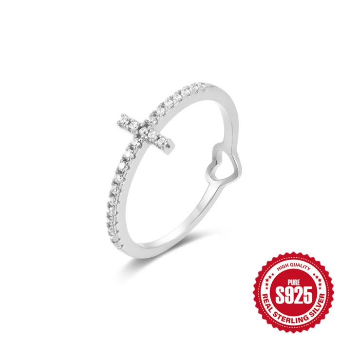 925 Sterling Silver Heart Stone-Studded Index Finger Ring Korean and Japanese New Style High-End Versatile Cross Wa...