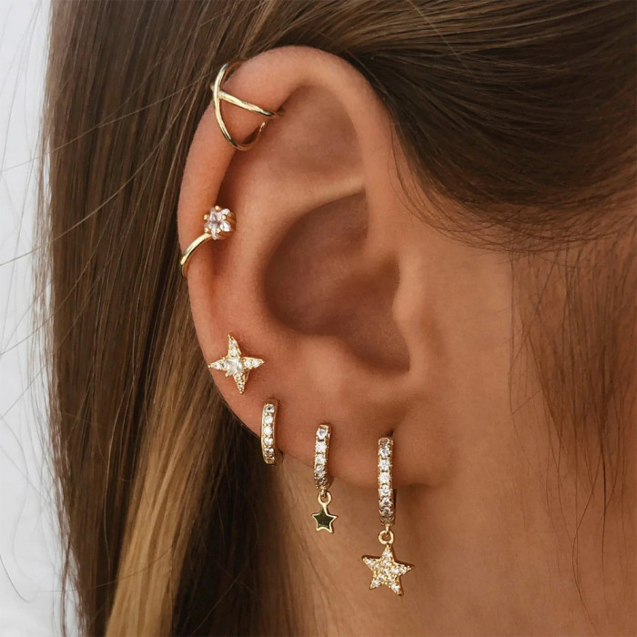 S925 Sterling Silver Geometric Star Inlaid Diamond Soft Bone Piercing Stud Earrings Fashion Simple Threaded Ear Bone Stud