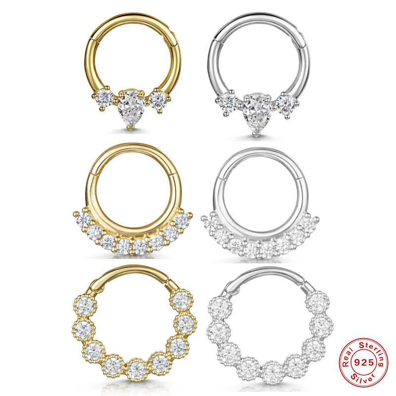 S925 Sterling Silver Body Piercing Cartilage Round Nose Ring European and American Hot Selling Light Luxury Multi-Diamond Zircon Ear Clip Ear Lobe Ear Jewelry