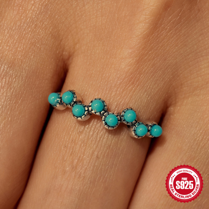 New S925 Sterling Silver Row Diamond Opal Flower Turquoise Ring Fashionable Unique Retro Niche Design Index Finger Tail Ring