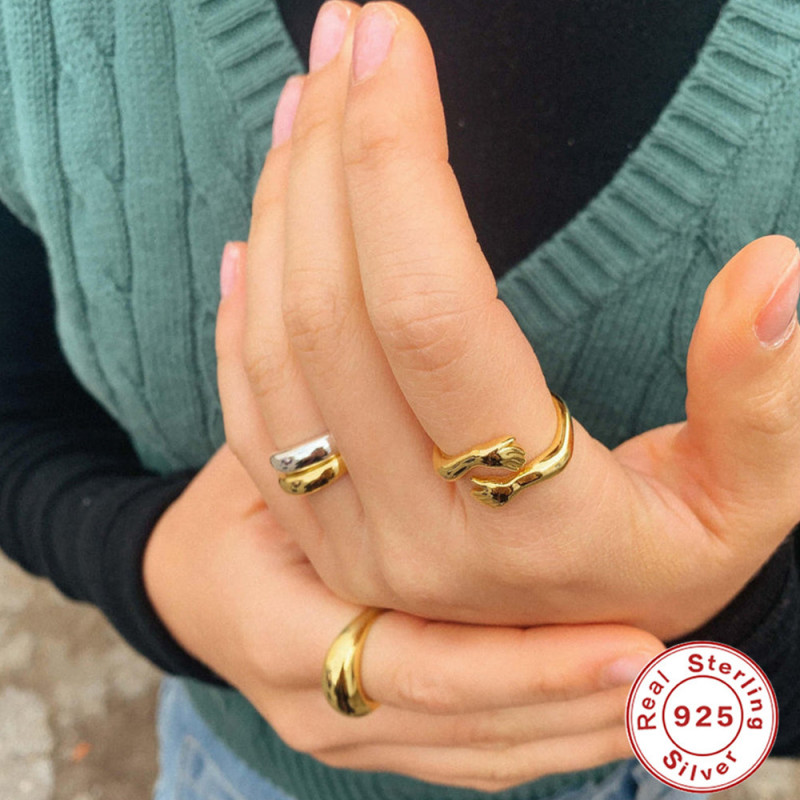 S925 Sterling Silver Personality Double Palm Embrace Joint Ring European and American Fashion Simple Ins Ring Love Hug Open Ring