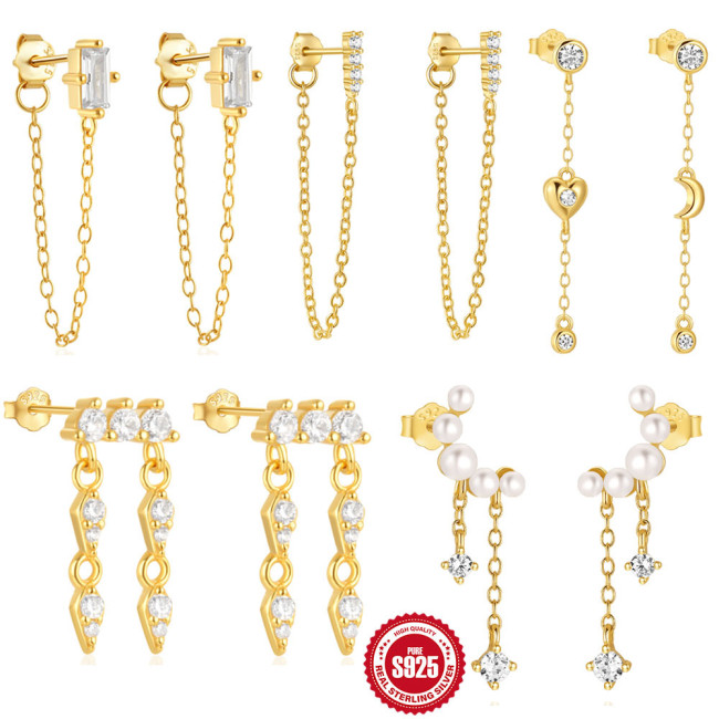 S925 Sterling Silver Heart Moon Inlaid Diamond Elegant Earrings European and American Fashion Pearl Chain Long Tassel Drop Earrings