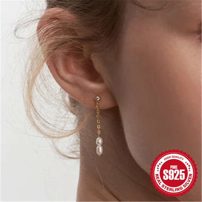 S925 Sterling Silver Simple Retro Long Pearl Chain Tassel Earrings Niche Design Earrings High-end Versatile Ear Jewelry