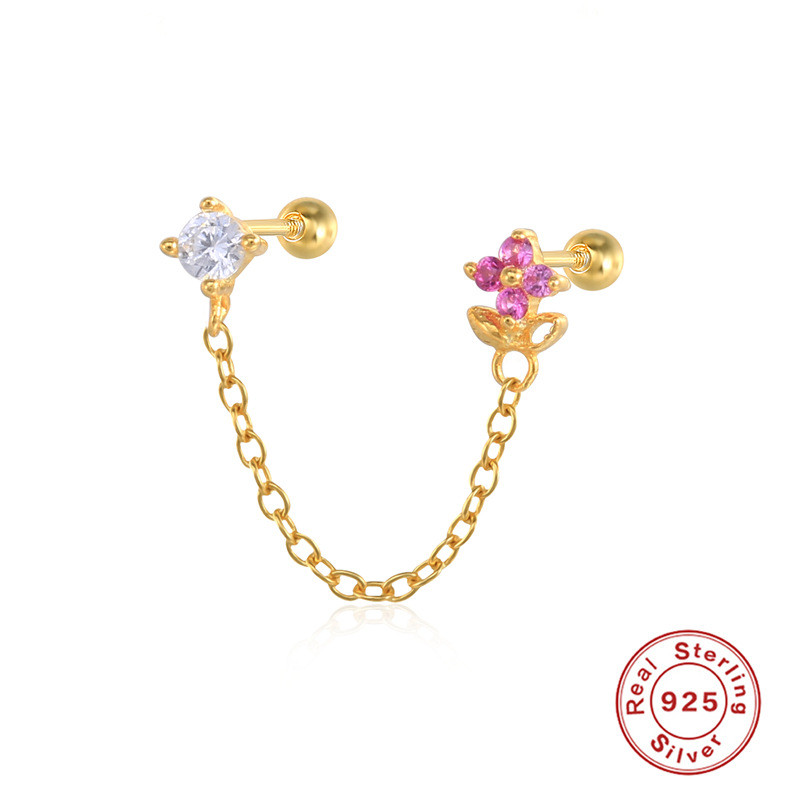 S925 Sterling Silver Tassel Chain Flower Inlaid Diamond Piercing Jewelry European and American Hot Selling Light Luxury Threaded Piercing Ear Bone Stud