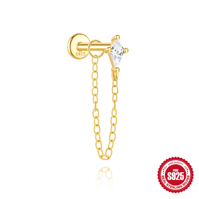 S925 Sterling Silver Classic Tassel Chain Inlaid Diamond Flat Head Thread Piercing Ear Bone Stud European and American Hot-Selling Small Gold Bead Earrings