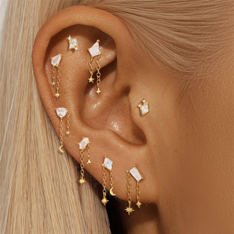 S925 Sterling Silver Geometric Zircon Star Moon Small Round Bead Threaded Piercing Ear Bone Stud Classic Hot-Selling Tassel Earrings