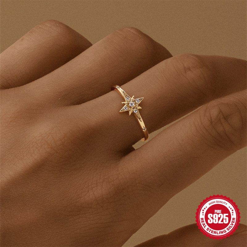 S925 Sterling Silver Eight-Pointed Star Inlaid Diamond Light Luxury Classic Ring Korean Version Niche Internet Celebrity Same Style Elegant Personality Index Finger Ring