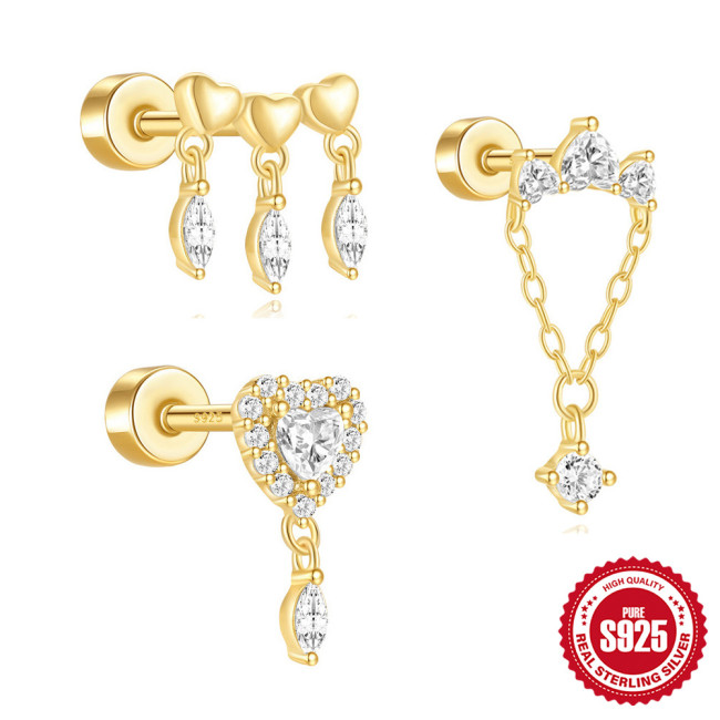 S925 Sterling Silver Horse Eye Heart-Shaped Diamond-Studded Round Column Threaded Piercing Ear Bone Stud European and American Hot-Selling Elegant Personality Ear Jewelry