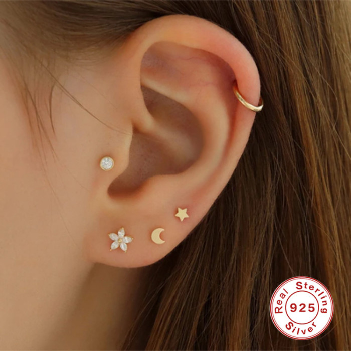 S925 Sterling Silver INS Simple Moon Smooth Piercing Earrings New Hot-Selling Flat Head Threaded Piercing Cartilage Studs