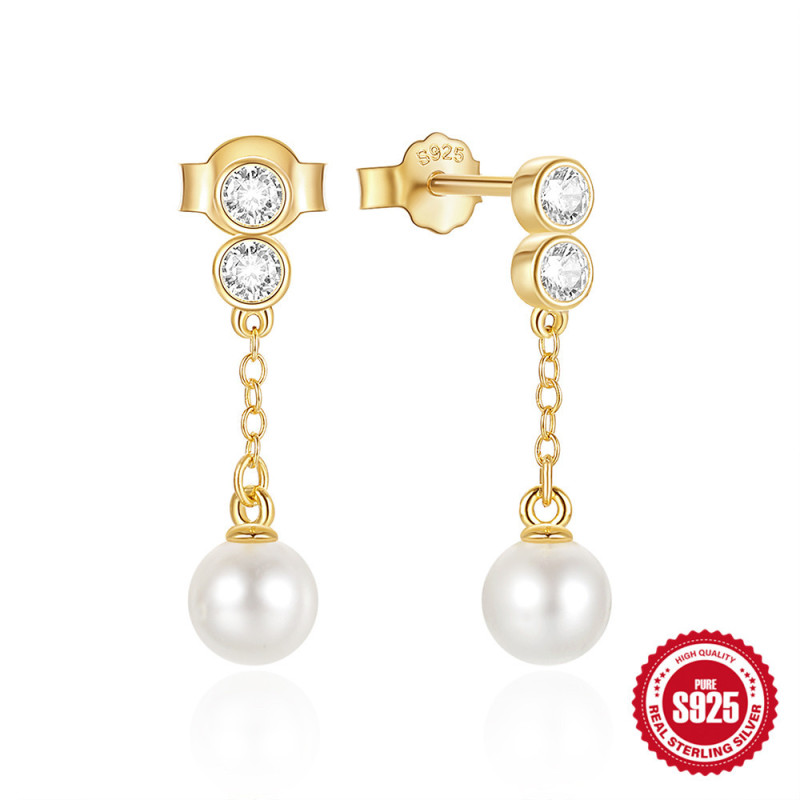 S925 Sterling Silver Inlaid Diamond Chain Tassel Pearl Earrings Stud Earrings Earrings Internet Celebrity Hot Selling Xiaohongshu Same Style Earrings for Women