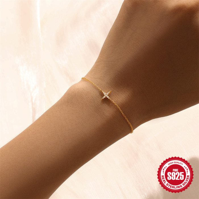 Classic S925 Sterling Silver Stone-Inlaid Four-Pointed Star Thin Bracelet for Women Fashionable Elegant Commuting H...
