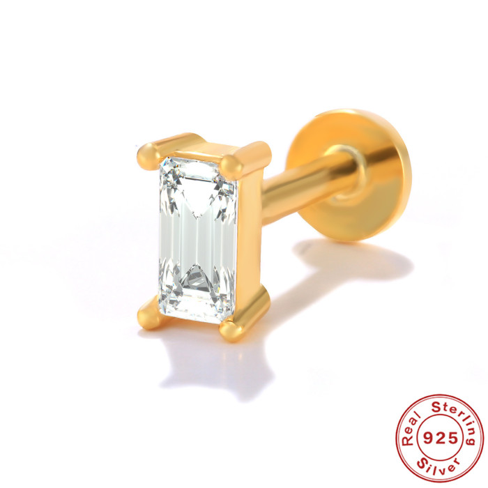 New S925 Sterling Silver Geometric Diamond-Studded Flat Head Body Piercing Ear Stud Ins Trendy Threaded Piercing Ear Jewelry
