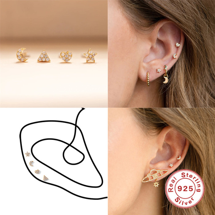 S925 Sterling Silver Geometric Rhombus Inlaid Spiral Piercing Stud Earrings European and American Hot Selling Combination Body Piercing Jewelry