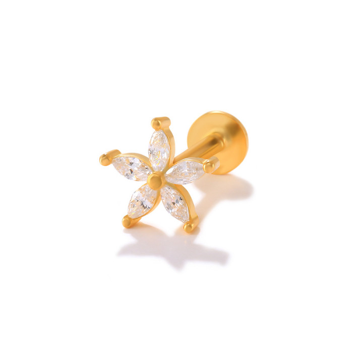 S925 Sterling Silver INS Petal Inlaid Diamond Threaded Piercing Cartilage Earrings TikTok Hot-Selling Personality Body Piercing Ear Jewelry