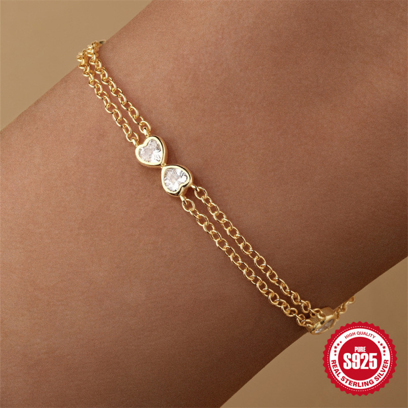 S925 Sterling Silver Heart Zircon Bow Double Layer Bracelet Earring Set European and American Hot Selling Diamond-Encrusted High-End Jewelry