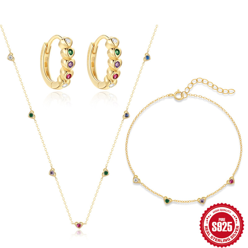 New S925 Sterling Silver Heart-Shaped Colored Diamond Earrings Necklace Bracelet Jewelry Set European and American Hot-Selling Elegant Versatile Accessories