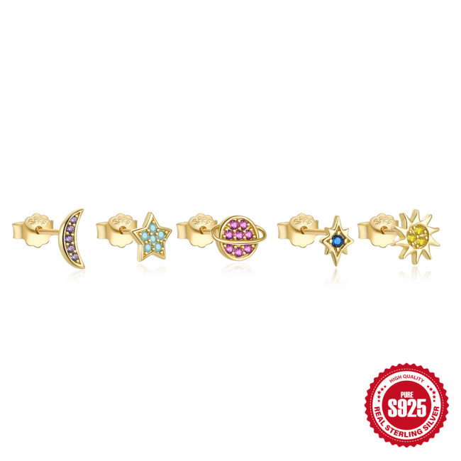 925 Sterling Silver Star Moon Colorful Inlaid Diamond Planet Set Earrings Jewelry European and American Hot Selling INS Versatile Earrings for Women