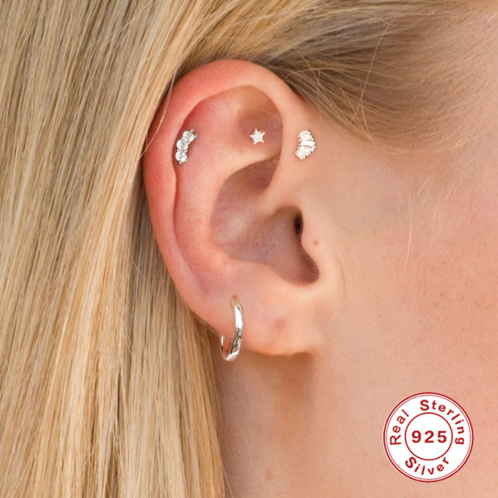 S925 Sterling Silver Personality Trapezoid Inlaid Diamond Single Row Piercing Threaded Earrings European and American Bestselling Ins Style Ear Bone Studs