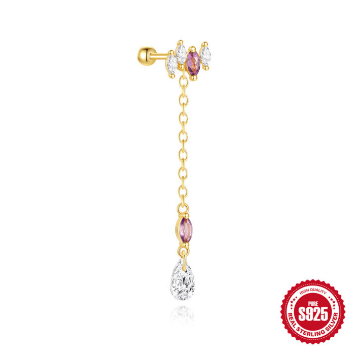 S925 Sterling Silver Natural Stone Crystal High-Grade Round Bead Threaded Piercing Tassel Ear Bone Stud European and American Hot-Selling Personality Earrings