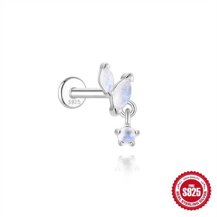 S925 Sterling Silver Inlaid Diamond Natural Moonstone Flat Head Threaded Piercing Ear Bone Stud Korean Version Niche High-end Ear Jewelry