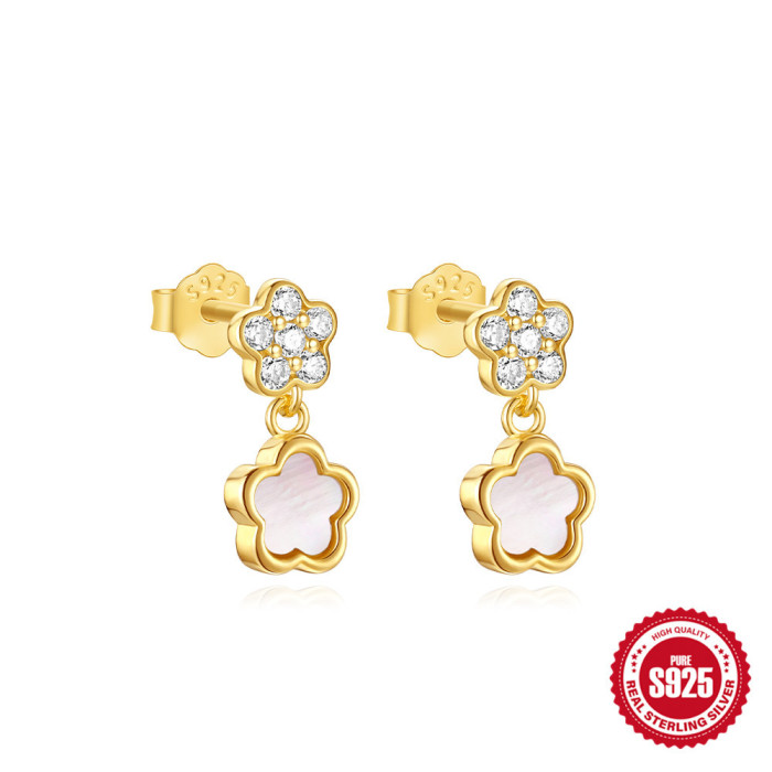S925 Sterling Silver Inlaid Diamond Heart Double Layer Earrings Butterfly Drop Earrings for Women Korean Style High-end Niche Pearl Petal Ear Jewelry