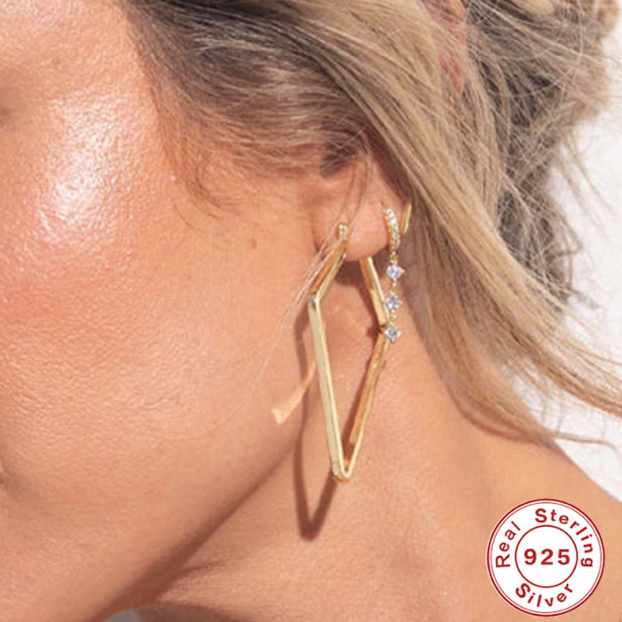 S925 Sterling Silver Tassel Geometric Inlaid Diamond Super Fairy Long Chain Ear Thread Earrings European and American Cross-Border INS