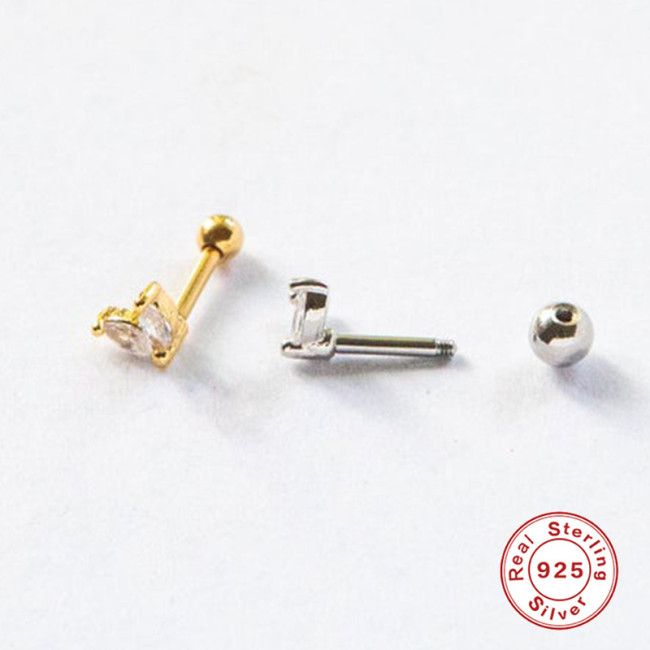 S925 Sterling Silver European and American Simple Heart Rabbit Ear Diamond-Studded Piercing Threaded Earrings Mini Zircon Ear Bone Stud Earrings