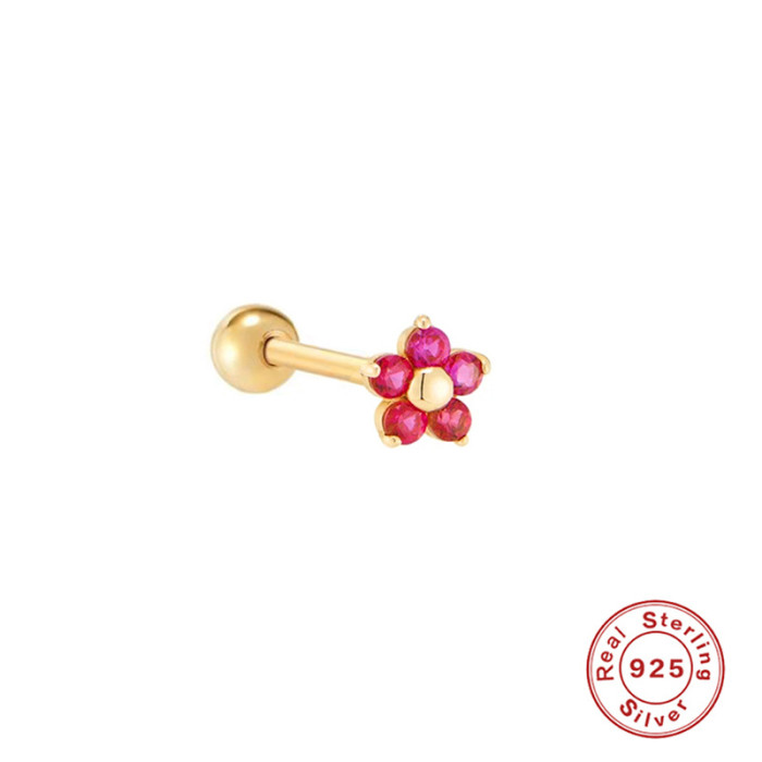 S925 Sterling Silver INS Five-Petal Flower Petal Inlaid Diamond Threaded Piercing Earrings Cross-Border Light Luxury Trend Body Piercing Studs