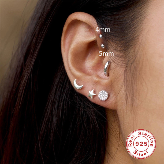 S925 Sterling Silver Creative Round Ball Piercing Earrings Korean and Japanese Style Personality INS Flat Head Threaded Piercing Soft Ear Bone Stud