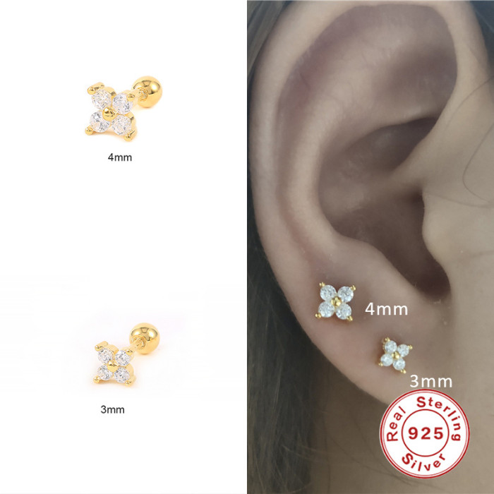 S925 Sterling Silver Single Mini Petal Inlaid Diamond Threaded Piercing Stud Earrings European and American Hot Selling Ins Simple Versatile Earrings