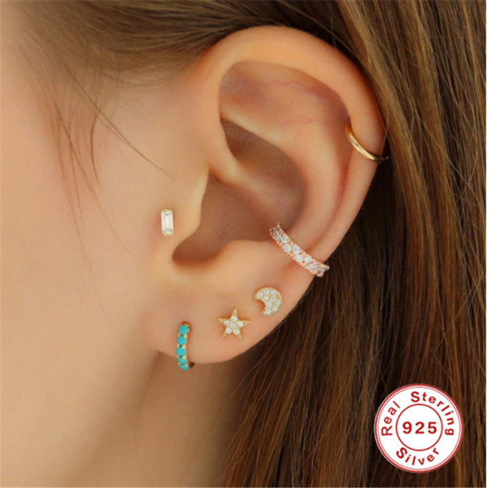 S925 Sterling Silver INS Simple Square Inlaid Diamond Piercing Earrings European and American Flat Head Threaded Body Piercing Cartilage Studs