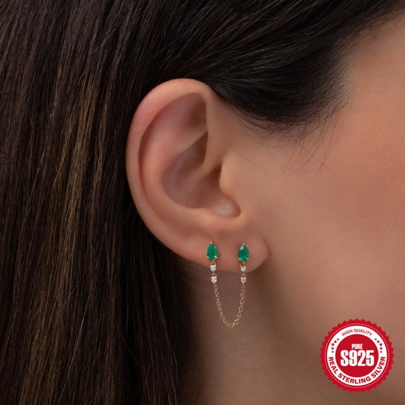 S925 Sterling Silver INS Style Personality Green Gemstone Inlaid Diamond Ear Thread European and American Fashion Simple Chain Tassel Earrings Ear Jewelry