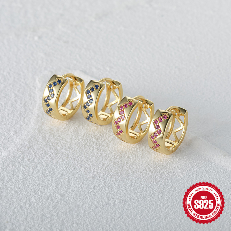 S925 Sterling Silver Personality Wave Colorful Inlaid Diamond Hoop Earrings European and American Fashion Simple Ins Creative Ear Jewelry