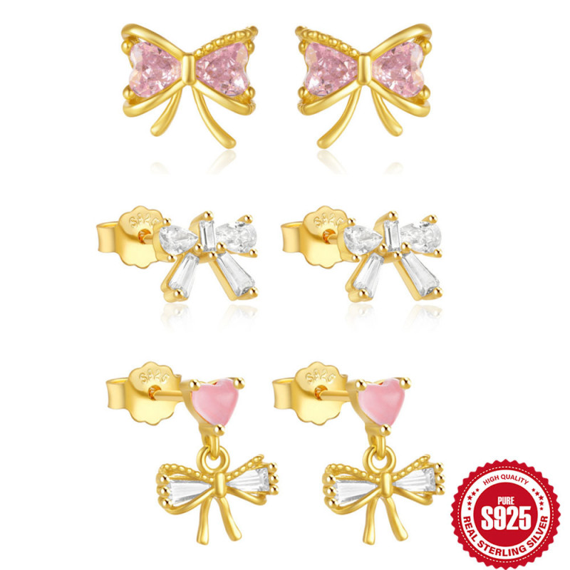 New S925 Sterling Silver Bowknot Colorful Diamond Inlaid Heart Stud Earrings European and American Hot-Selling French Style INS Earrings