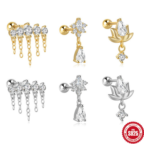 S925 Sterling Silver Tassel Inlaid Diamond Chain Earrings Stud Korean Style Elegant Internet Celebrity Hot Selling Light Luxury Fashion Piercing Ear Jewelry