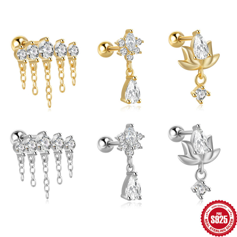 S925 Sterling Silver Tassel Inlaid Diamond Chain Earrings Stud Korean Style Elegant Internet Celebrity Hot Selling Light Luxury Fashion Piercing Ear Jewelry