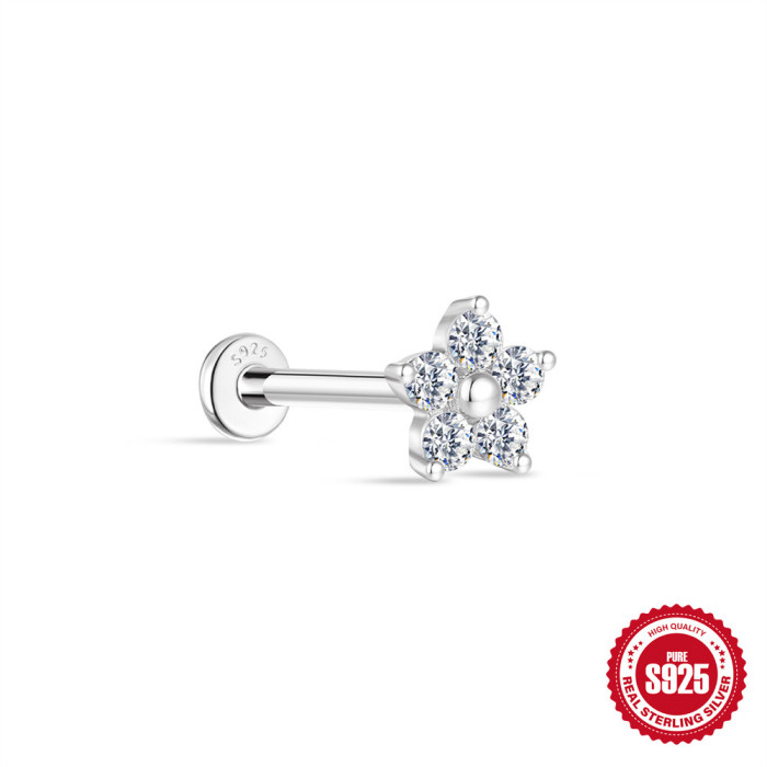 S925 Sterling Silver Light Luxury Ultra Sparkling Cultured Diamond Flat Head Threaded Piercing Ear Bone Stud Korean Style Elegant High-end Ear Jewelry