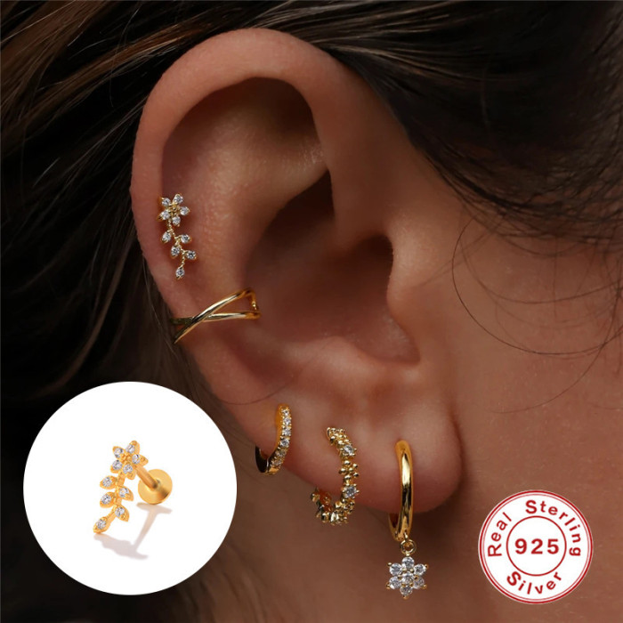 New S925 Sterling Silver Threaded Piercing Cartilage Earrings Korean and Japanese Bestselling Floral Inlaid Flat Head Cartilage Ear Studs