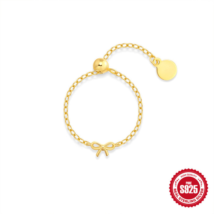S925 Sterling Silver Minimalist Heart Bowknot Simple Chain Ring New Luxury Adjustable Pearl Index Finger Ring