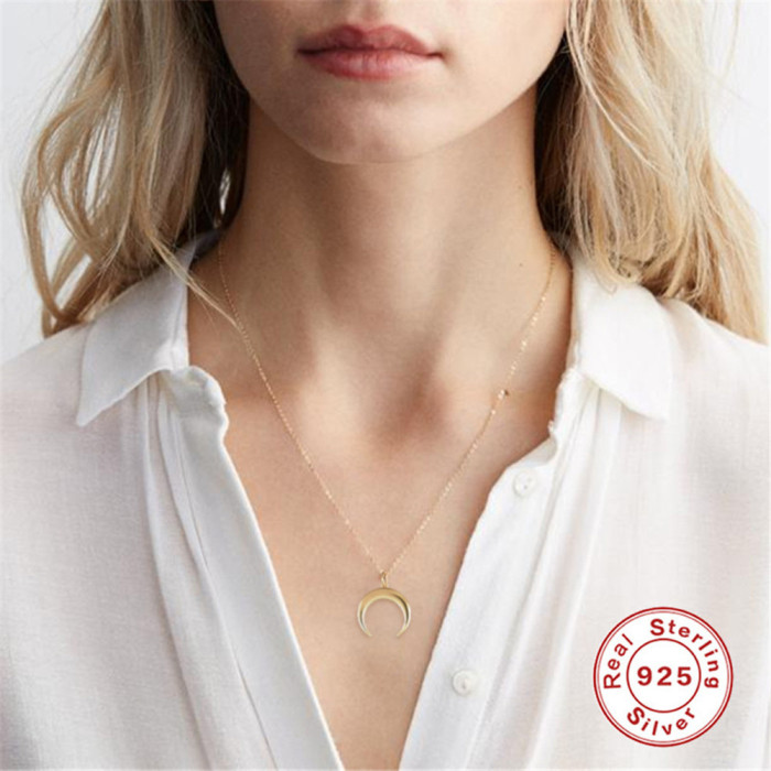 S925 Sterling Silver Vintage INS Crescent Simple Fashion Pendant Necklace European and American New Product Horn Moon Roman Necklace