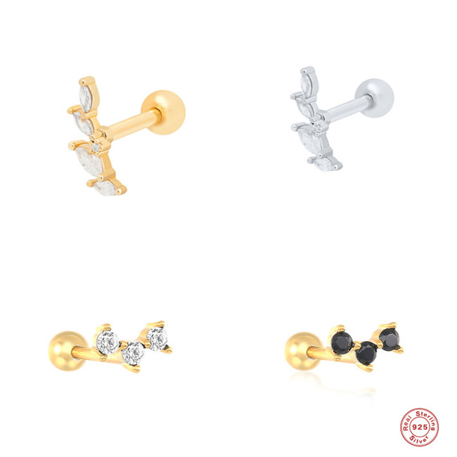 S925 Sterling Silver Three-Claw Double-Head Round Diamond Piercing Stud Earrings European and American Hot-Selling Trendy INS Style Horse Eye Piercing Earrings