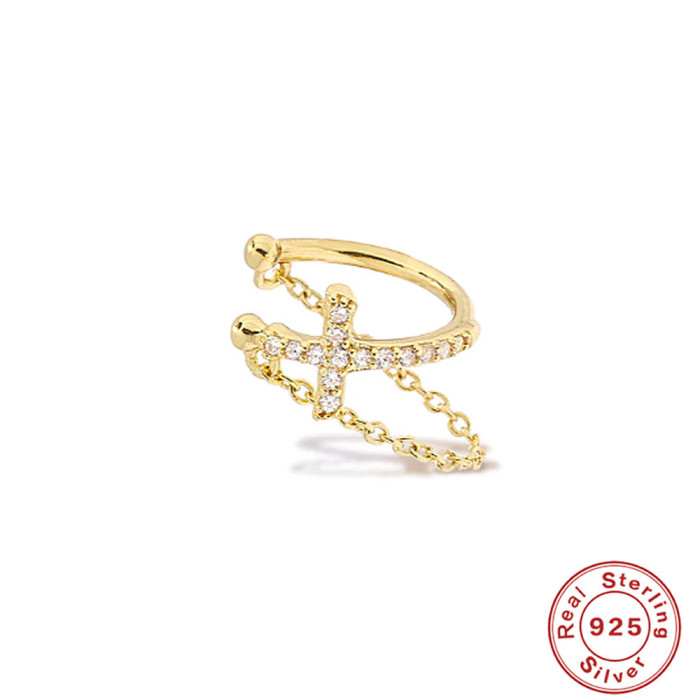 S925 Sterling Silver Cross Inlaid Chain Fashion Clip-On Earrings European and American Hot-Selling Elegant Diamond-Encrusted INS Earrings for Women