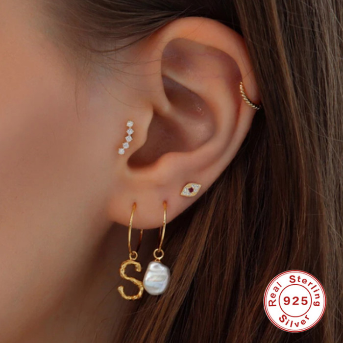 S925 Sterling Silver INS Single Row Diamond-Studded Threaded Piercing Earrings European and American Hot-Selling Flat Head Threaded Piercing Cartilage Stud Earrings