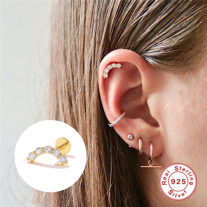 S925 Sterling Silver Single Row Curved Diamond Piercing Earrings European and American Personality INS Flat Head Threaded Piercing Cartilage Studs
