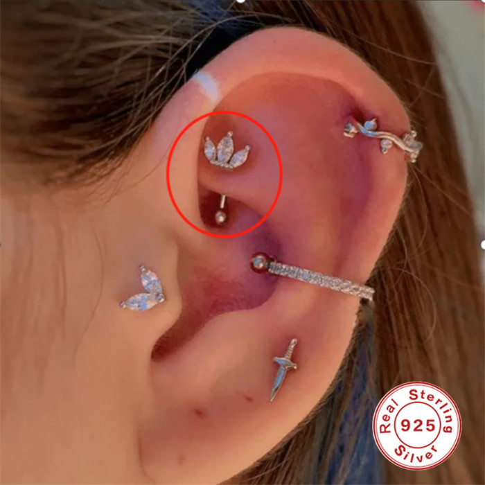 S925 Sterling Silver Crown Arc Piercing Ear Bone Stud European and American Creative Style Curved Hook Back Hanging Threaded Piercing Ear Jewelry