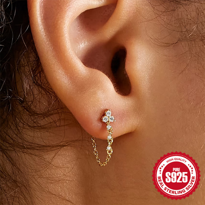 S925 Sterling Silver Chain One-piece Diamond Tassel Stud Earrings European and American Hot Selling Temperament Personality INS High-end Earrings