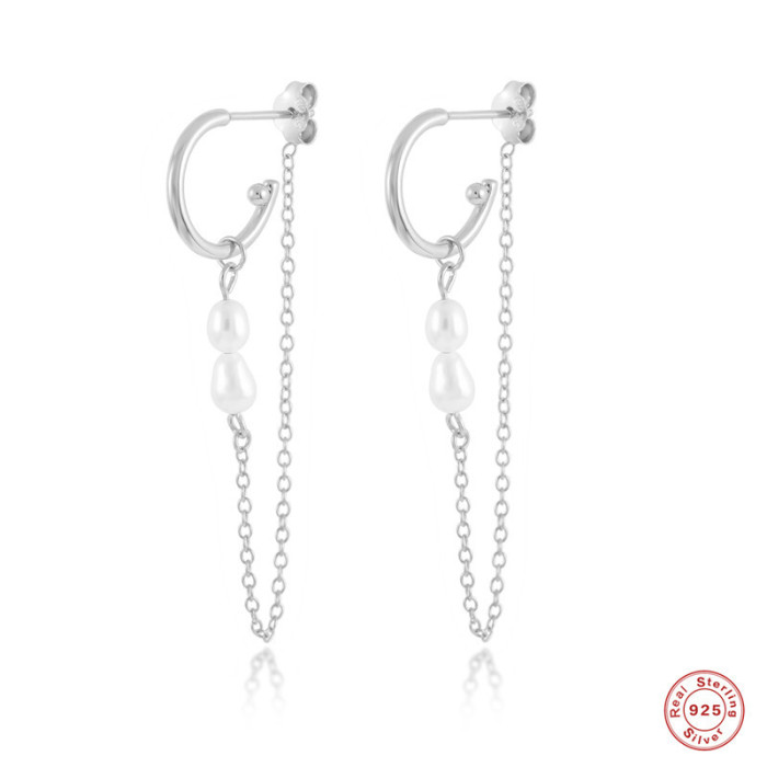 S925 Sterling Silver Irregular Pearl Baroque Chain Earrings C-shaped Hoop Earrings Stud Earrings European and American Hot-selling INS Earrings