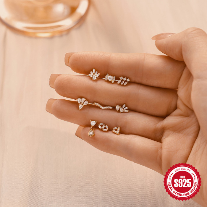 925 Sterling Silver Tassel Water Drop Zircon Cartilage Piercing Flat Spiral Piercing Stud Earrings European and American Hot Selling INS Ear Bone Studs