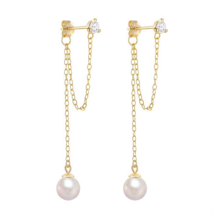 S925 Sterling Silver Chain Tassel Inlaid Diamond Pearl Earrings European and American New Simple Ins Style Pearl Drop Earrings for Women